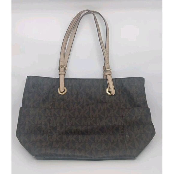 Michael Kors Jet Set MK Logo Brown Leather Tote Bag Purse - Picture 2 of 10